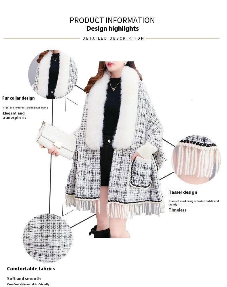 Autumn And Winter New Imitated Mink Cashmere Fur Collar Cape And Shawl Plus Size Tassel Knitted Cardigan - Mubimart