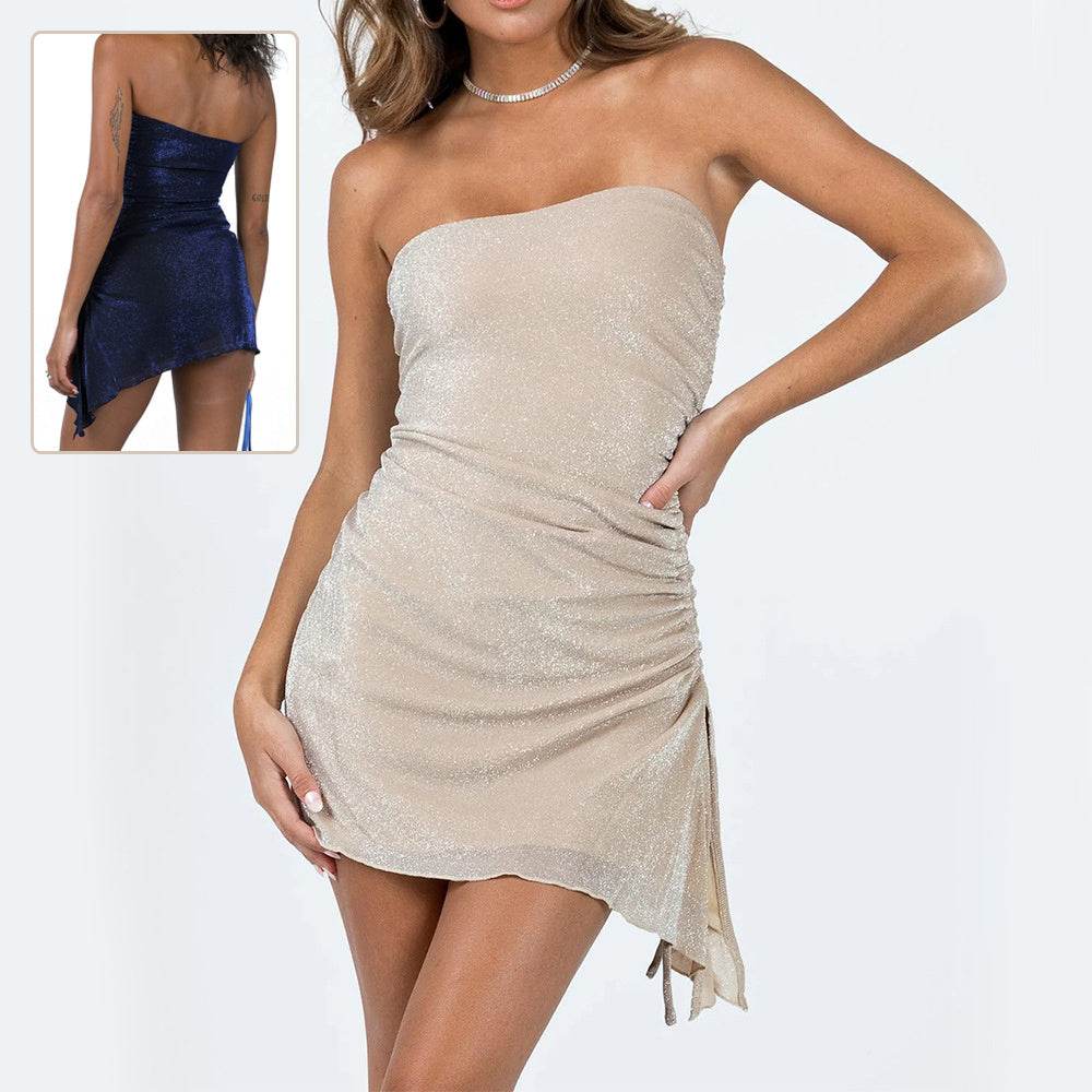 Women's Strapless Tube Top Short Skirt Drawstring Mini Dress - Mubimart
