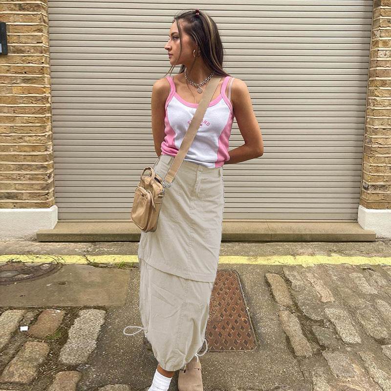 Harajuku Style European And American Women's Clothing Flanging Stitching Lazy Workwear Skirt Hem Elastic Drawstring Simple Workwear Dress - Mubimart