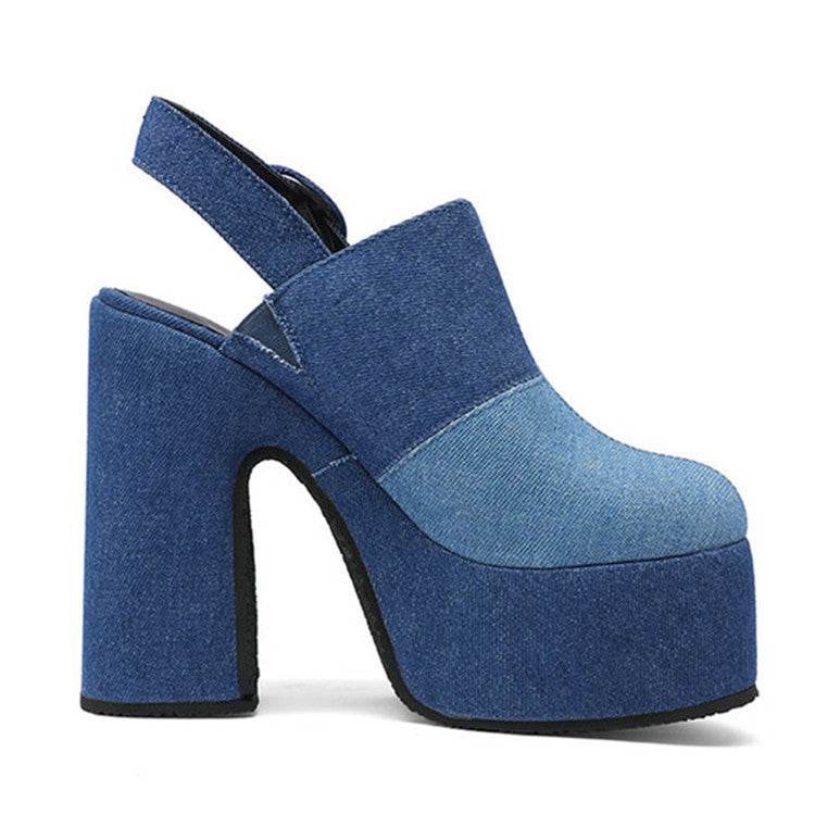Color Block Denim High Heel Toe Box Slingback Sandals - Mubimart