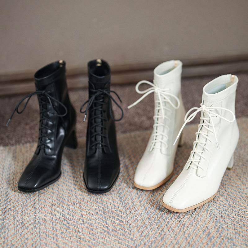 Square Toe High Heel Boots PU Leather Women Ankle Boots - Mubimart