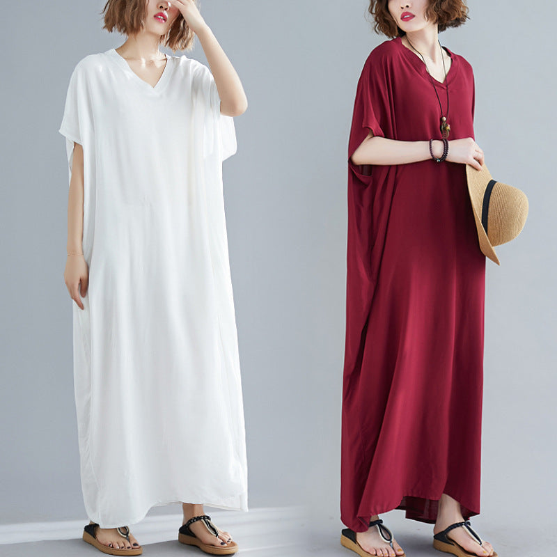 Plus Size Women's Bohemian V-neck Cotton Dress Solid Color Robe - Mubimart -  