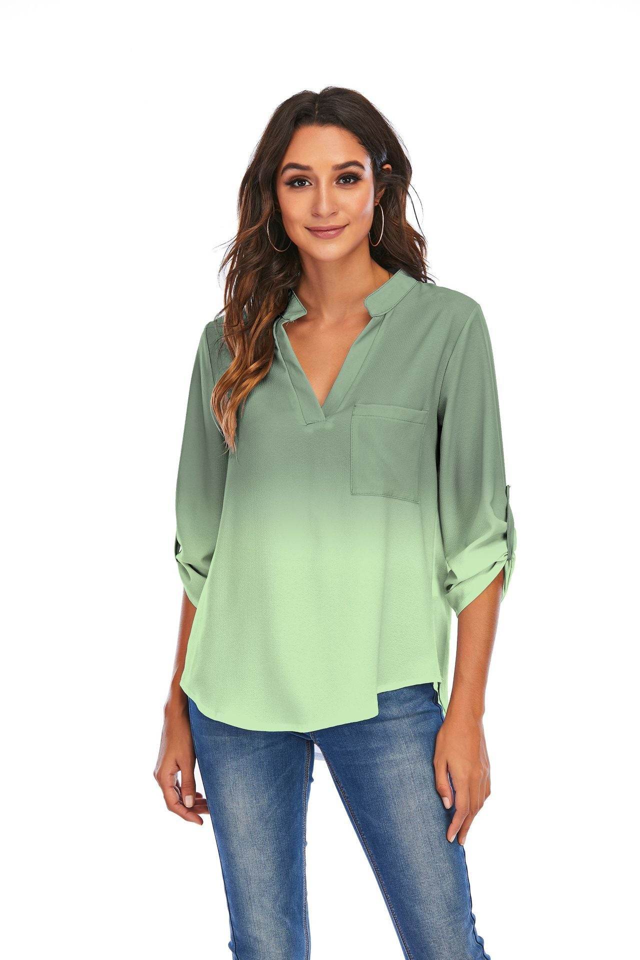 Print Gradient Blouses Women V-Neck Pockets Loose Shirts - Mubimart