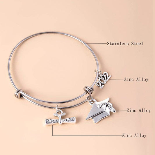 Graduate Cap Charm Bracelet Stainless Steel Adjustable Bangles For Women Graduation Jewelry Accessories - Mubimart