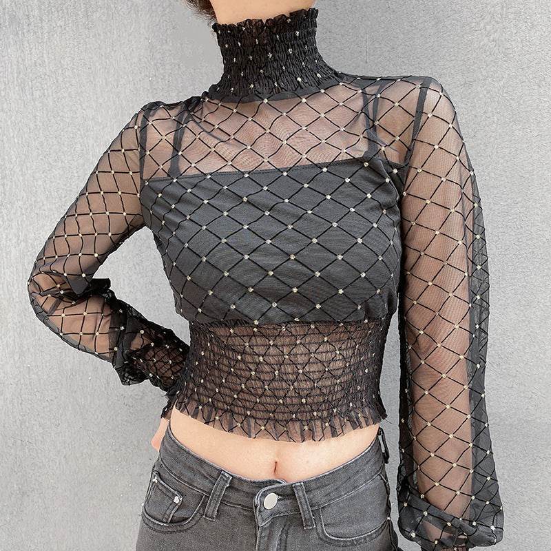 Turtleneck wrapped bra shirt fake two mesh - Mubimart