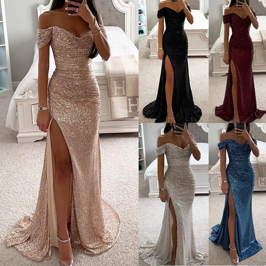 Party Sequins Off-neck Split Dress INS Casual Fashion Dress Women Charming Slimming Dress For Women