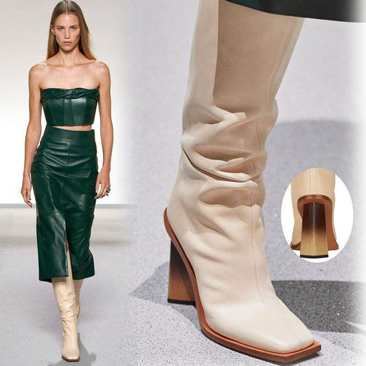 Square toe chunky heel mid boots - Mubimart