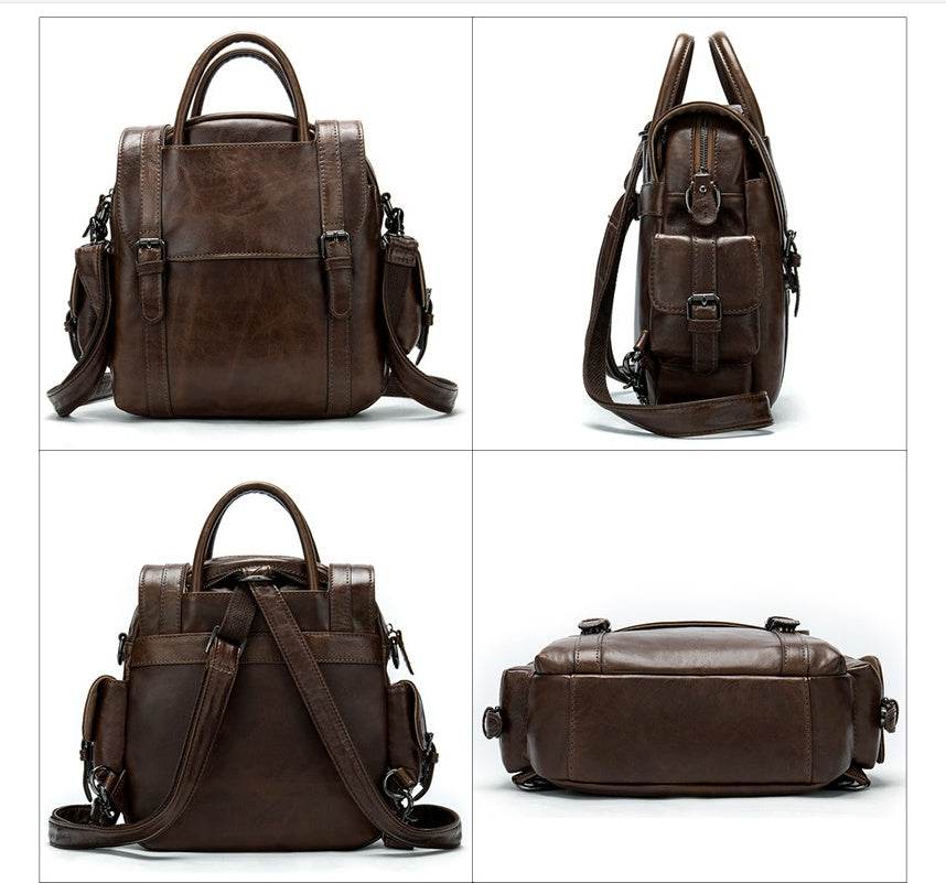 Multifunctional Retro Leather Backpack Women - Mubimart