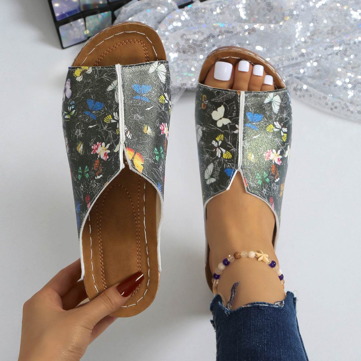 Peep Toe Wedge Fashion Simple Slip-on Fashion Sandal Slippers - Mubimart