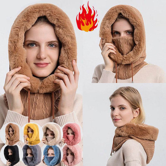 Winter Thick Plush Hat With Scarf Windproof Warm Knit Hats Hooded For Women - Mubimart