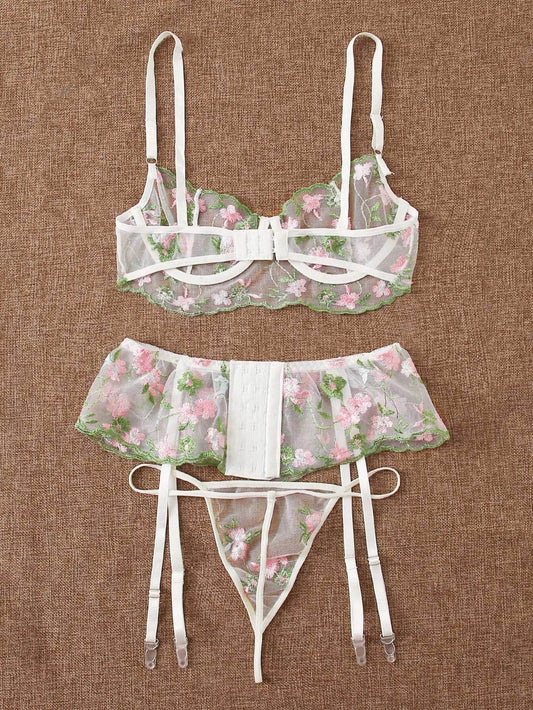 Embroidered Mesh Bra Thong Garter Belt - Mubimart