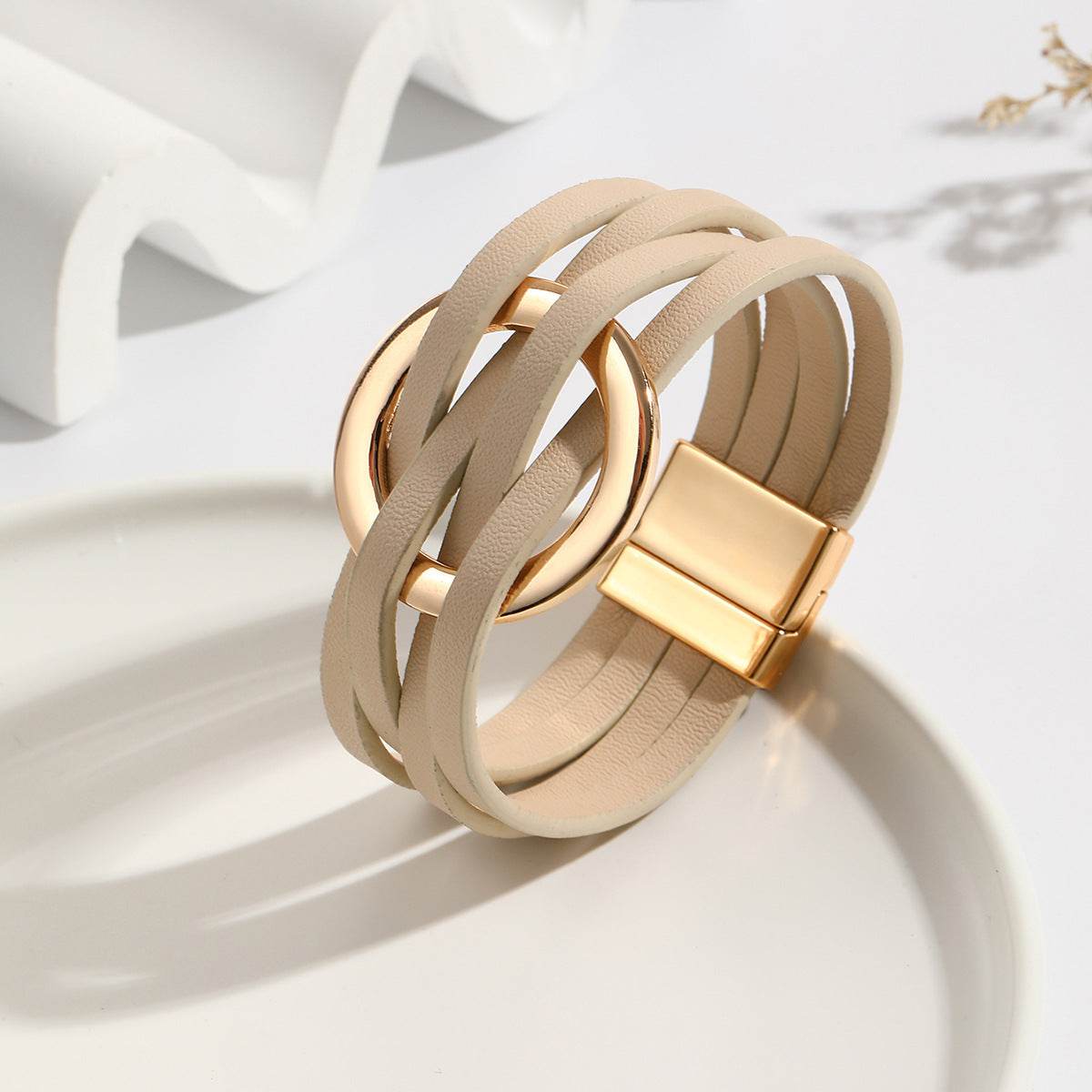 Cross Leather Women Bracelet Metal Big Ring Cuff Bangle Multi-layer Wristband Magnetic Snap Bangle - Mubimart