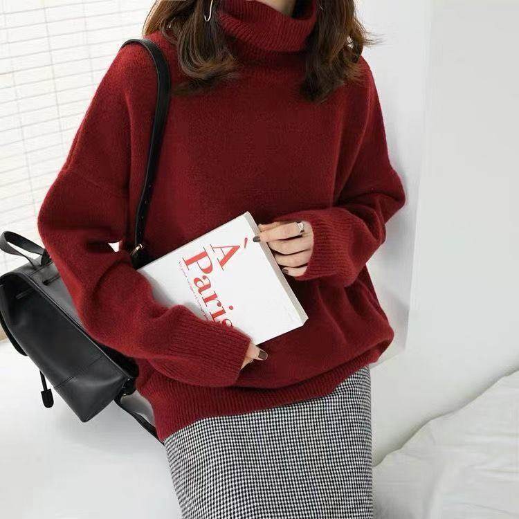 European And American Turtleneck Cashmere Sweater Women's Thickened Sweater Loose Pullover Lazy Knitted Plus Size Bottoming Shirt - Mubimart