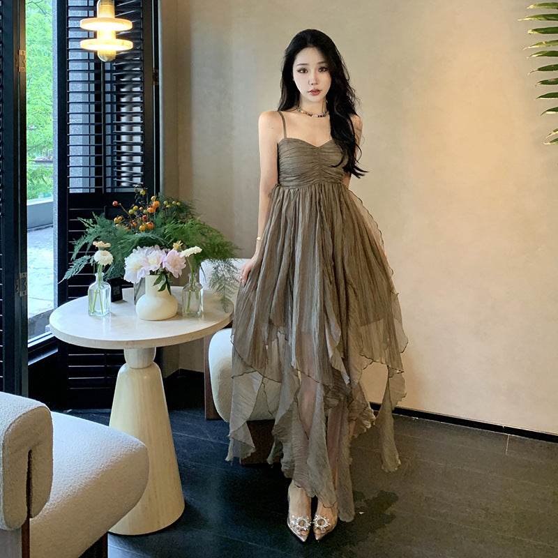 Pleated Irregular Elegant Midi Dress - Mubimart