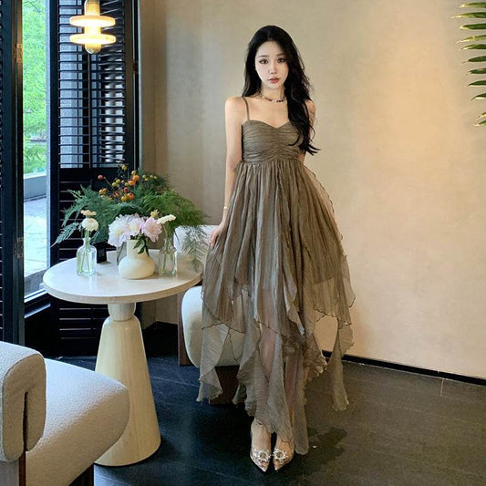 Pleated Irregular Elegant Midi Dress - Mubimart
