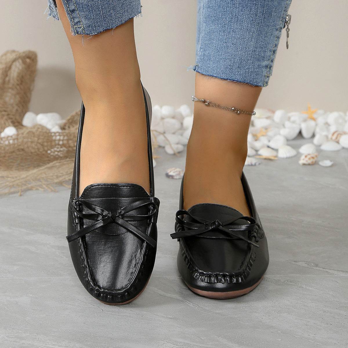 Casual Bowknot Flat Shoes Fashion Comfortable Soft-soled Loafers Slip-on Cozy Shoes Women - Mubimart