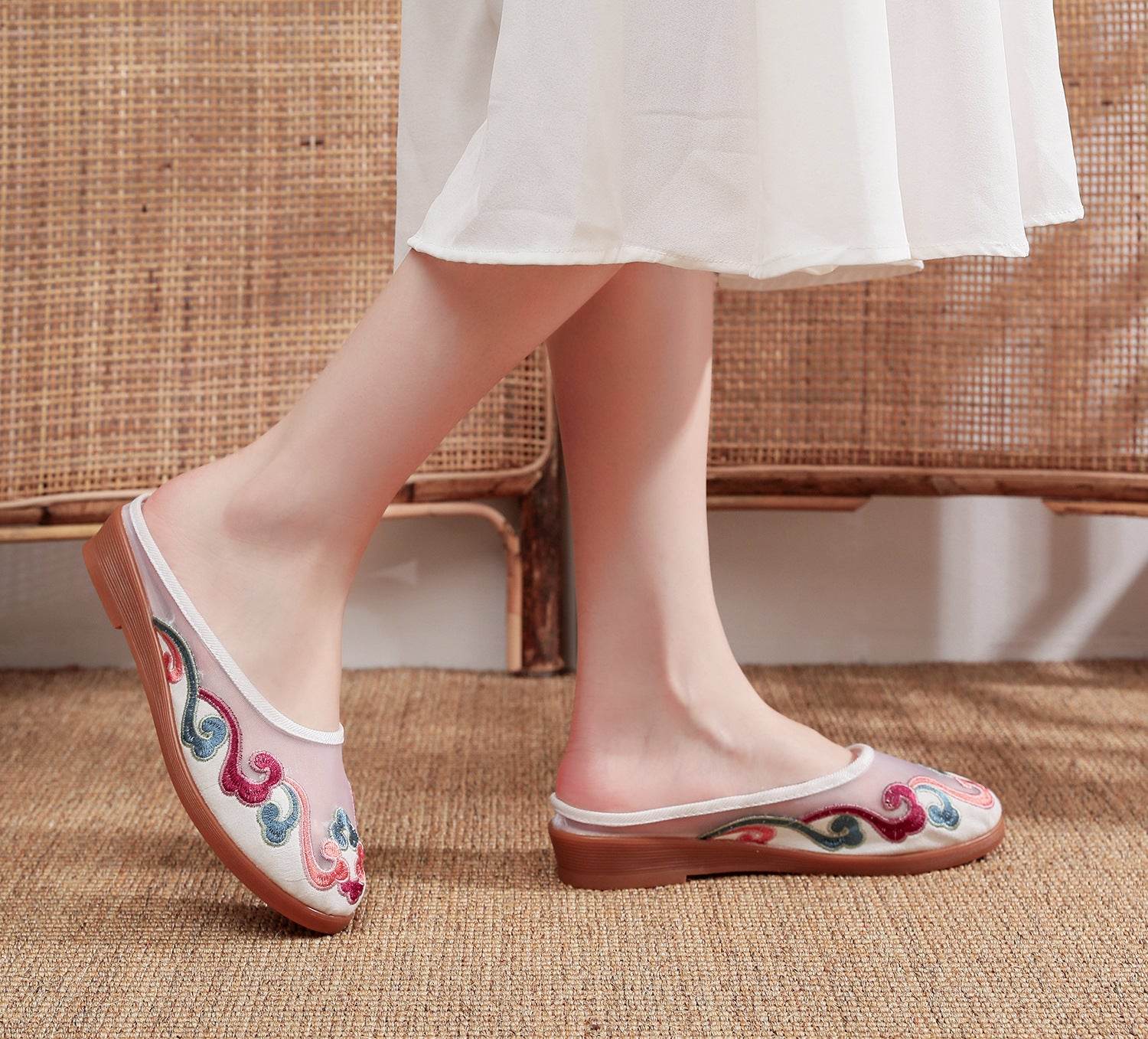 Slippers Mesh Embroidered Cotton Shoes Casual Women Outdoor Slippers - Mubimart