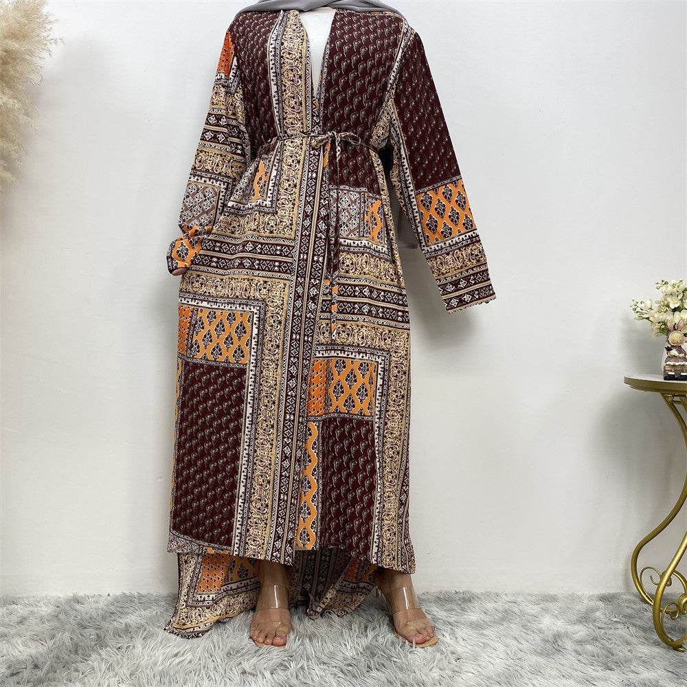 Loose Plus Size Paris Beads Retro Long Sleeve Robe - Mubimart