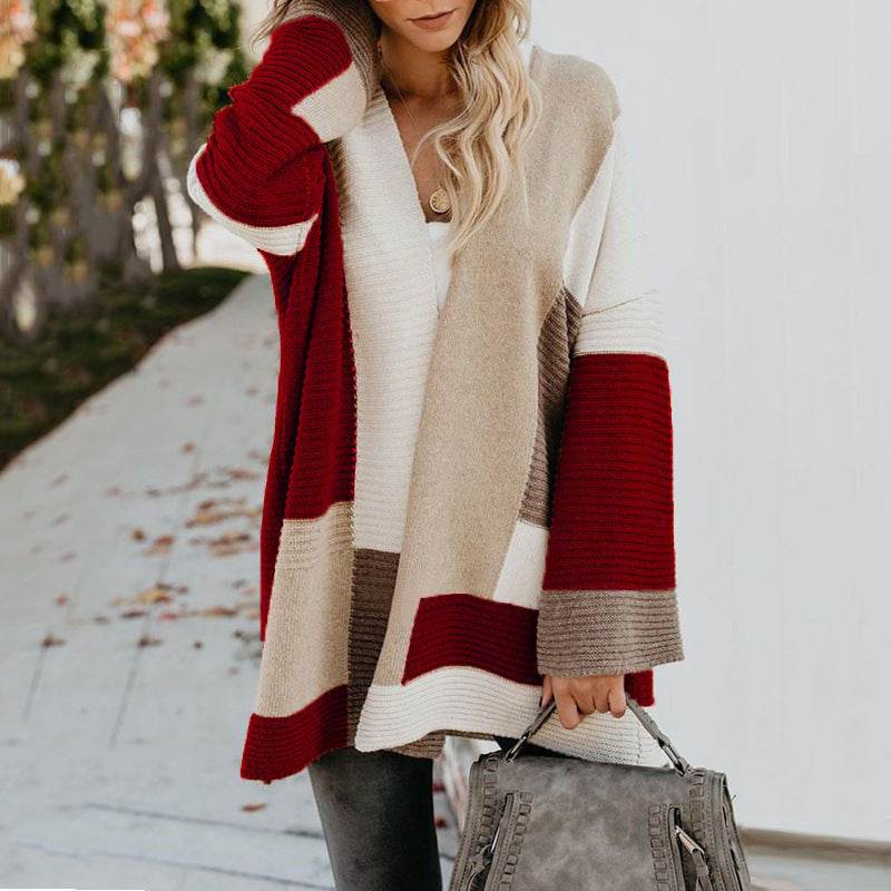 Women's Plus Size Oversized Geometric Colorblock Sweater Cardigan - Mubimart