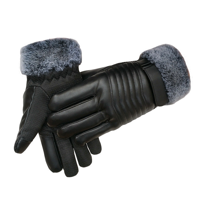 Winter-Lederhandschuhe für Damen und Herren, samtverdickt, kältebeständig, warm, rutschfest, Touchscreen, große Fleece-Handschuhe