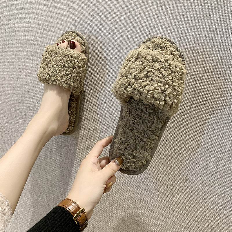 Sheep curl women slippers suitable for non-slip cotton slippers - Mubimart