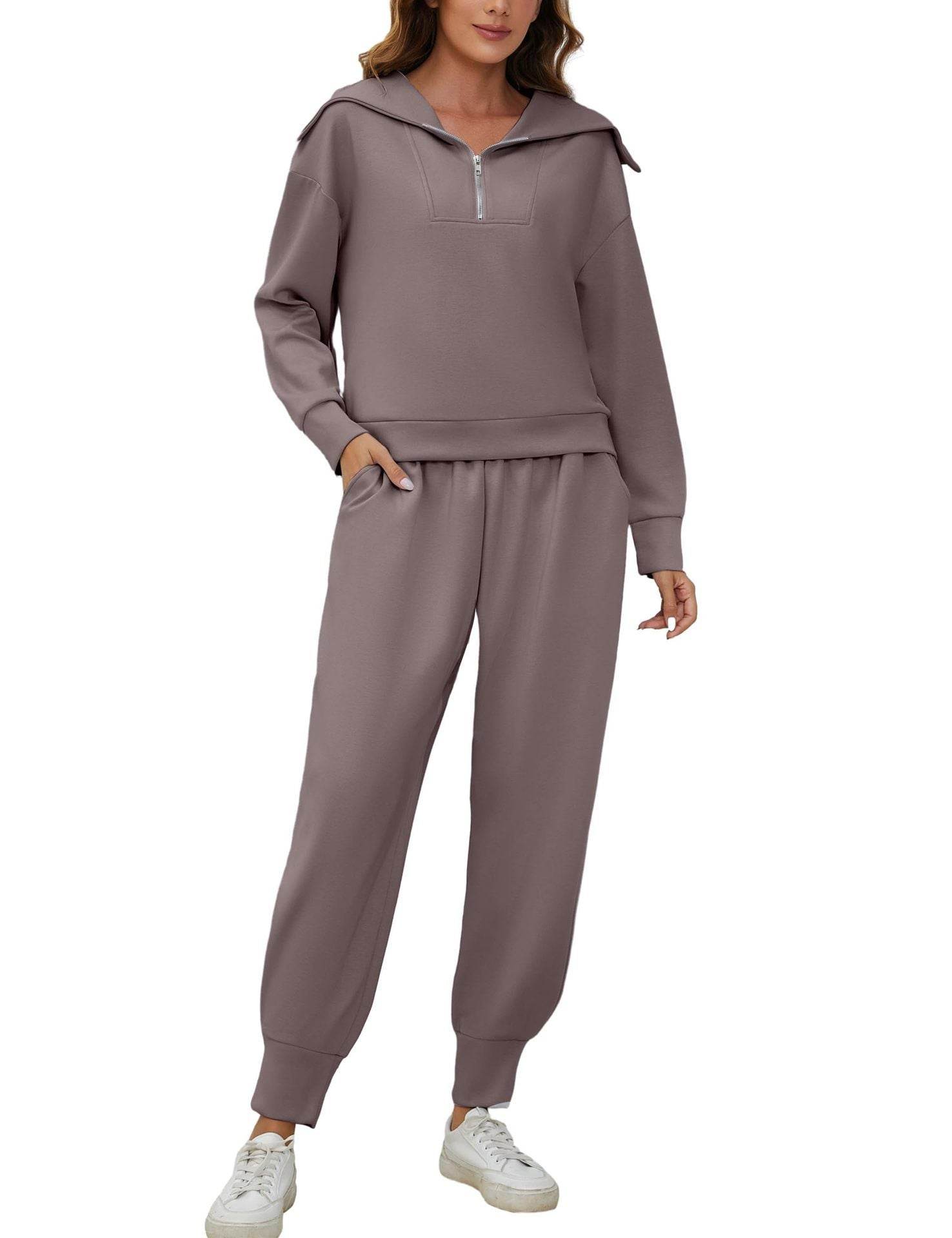 Long Sleeve Lapel Sweatshirt High Waist Workout Pants Two-piece Set - Mubimart