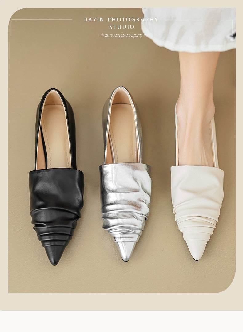 Pointed-toe Low Heel Flat Shoes Black Creamy-white - Mubimart