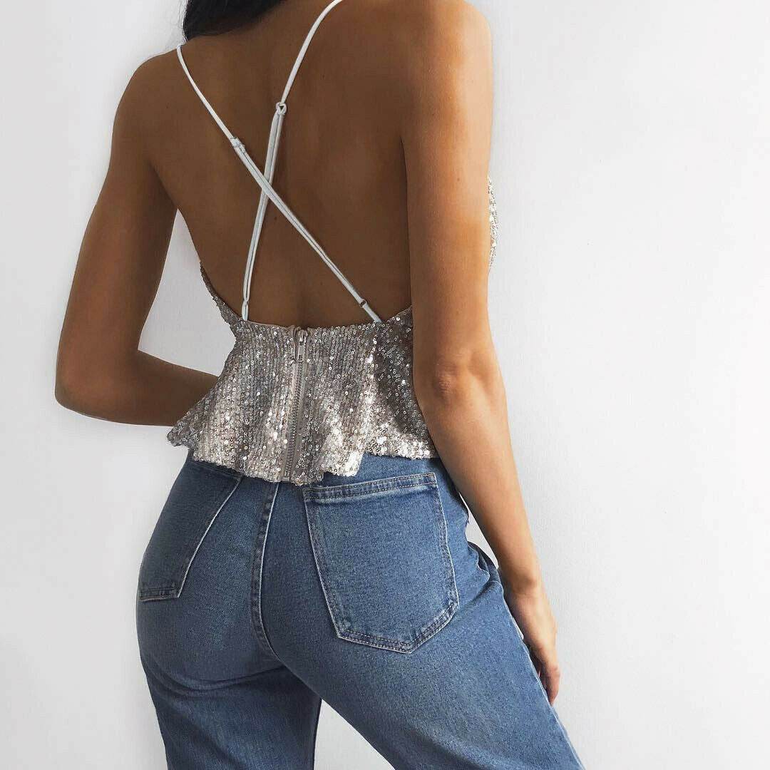 Women Sexy Luxury Sequined Crop Top Peplum Sleeveless Cropp - Mubimart