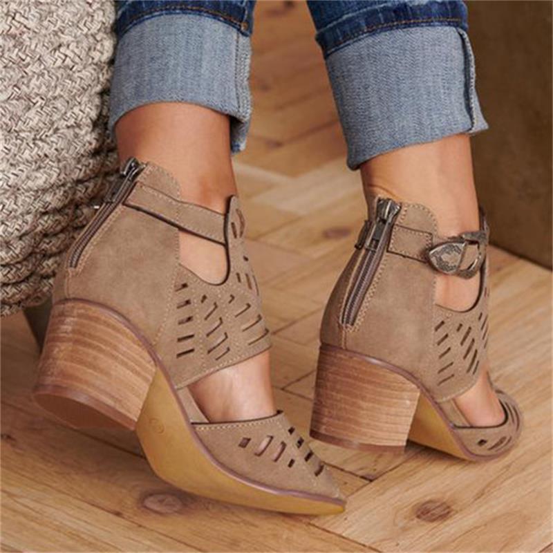 Cutout carved block heel sandals