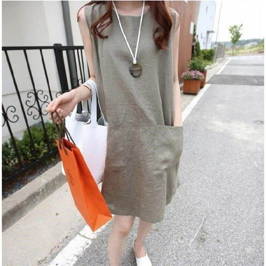 Summer Dress Ladies Fashion Loose Linen Slip Dress - Mubimart