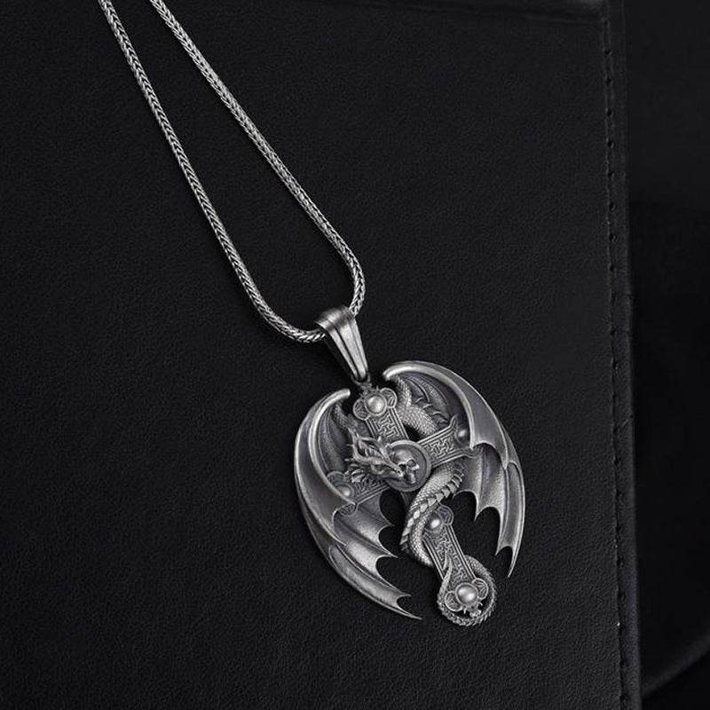 Skeleton Wing Pendant Mens Retro Necklace - Mubimart