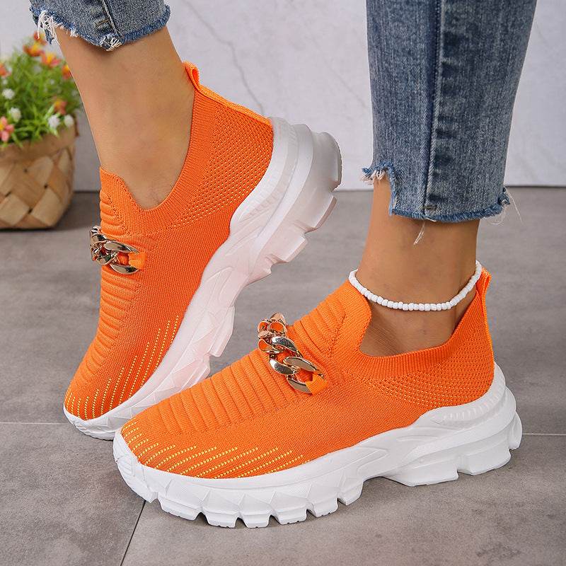 Fashion Chain Design Mesh Shoes For Women Breathable Casual Soft Sole Walking Sock Slip On Flat Shoes - Mubimart