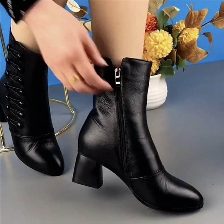 Soft Leather Ankle Boots Fashion Mid Heel Mid-calf High Heels - Mubimart