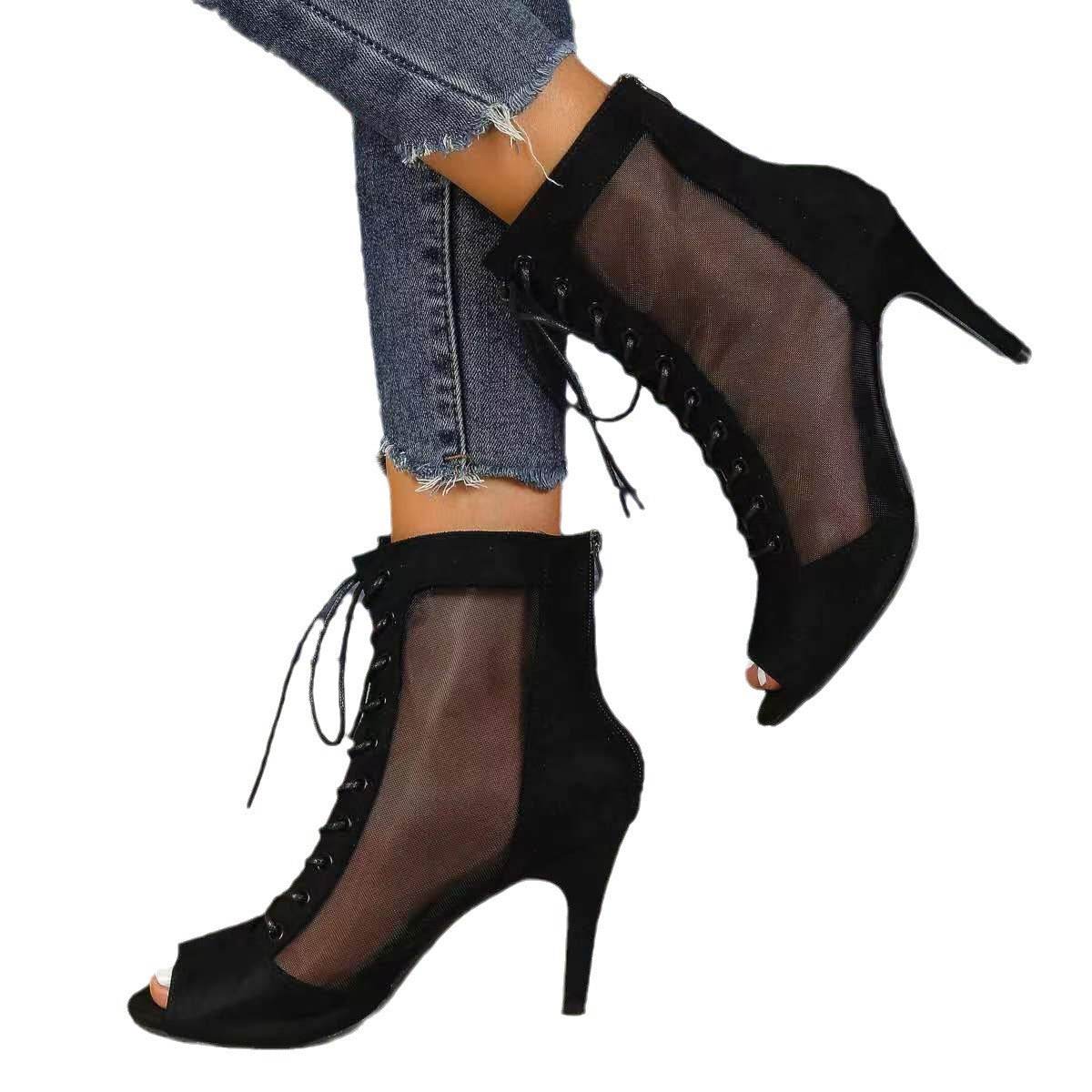 Mesh Fish Mouth Sandal Boots Female Stiletto Heel High Sandals - Mubimart