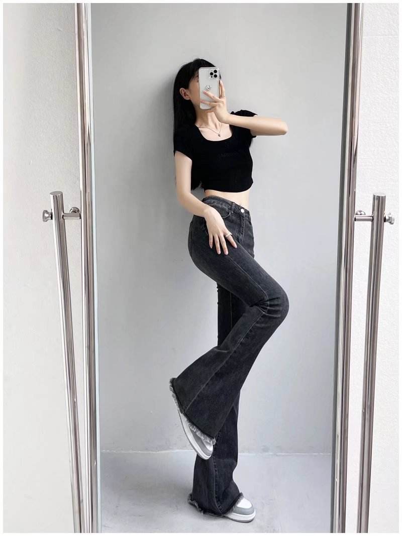 Autumn And Winter Fashion Small High Waist Raw Hem Jeans Retro Distressed Small Man Stretchy Wide-leg Slim Flare Pants - Mubimart