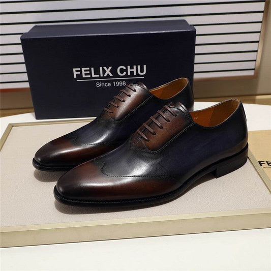 Leather Shoes Men's Wingtip Color Matching Oxford Toe Layer Cowhide - Mubimart