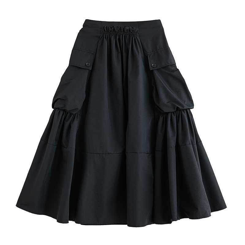 Loose Slimming Workwear Large Pocket Large Hem High Waist Pleated Skirt - Mubimart