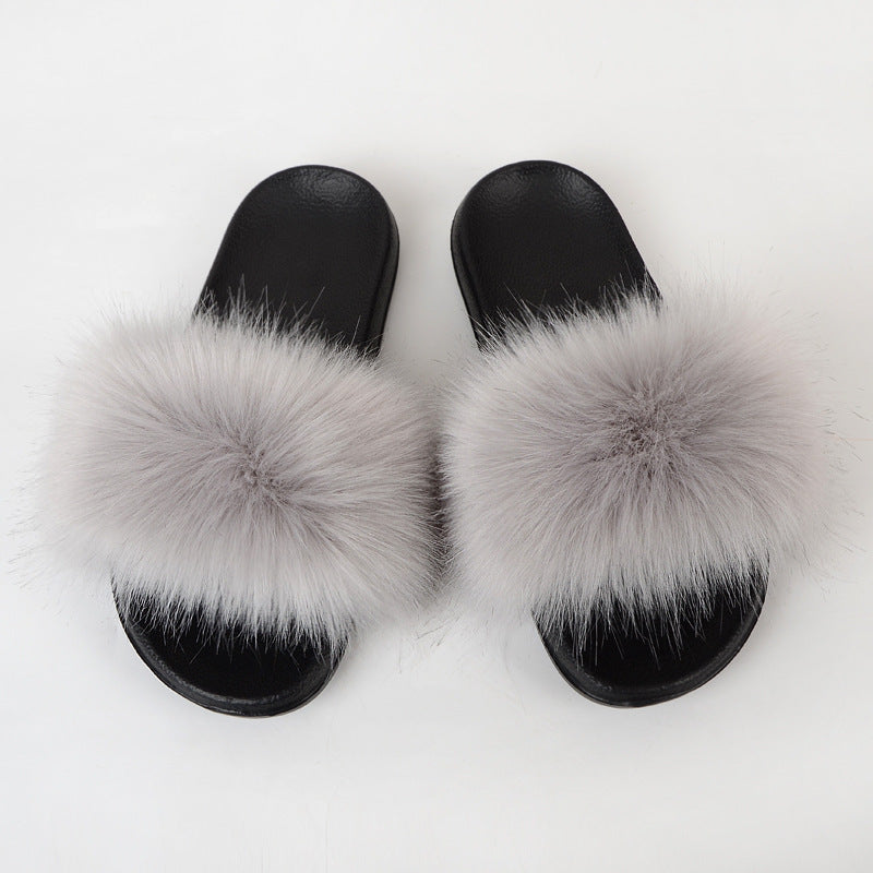 Faux Fox Fur Slippers Women Non Slip Plush Slippers - Mubimart -  