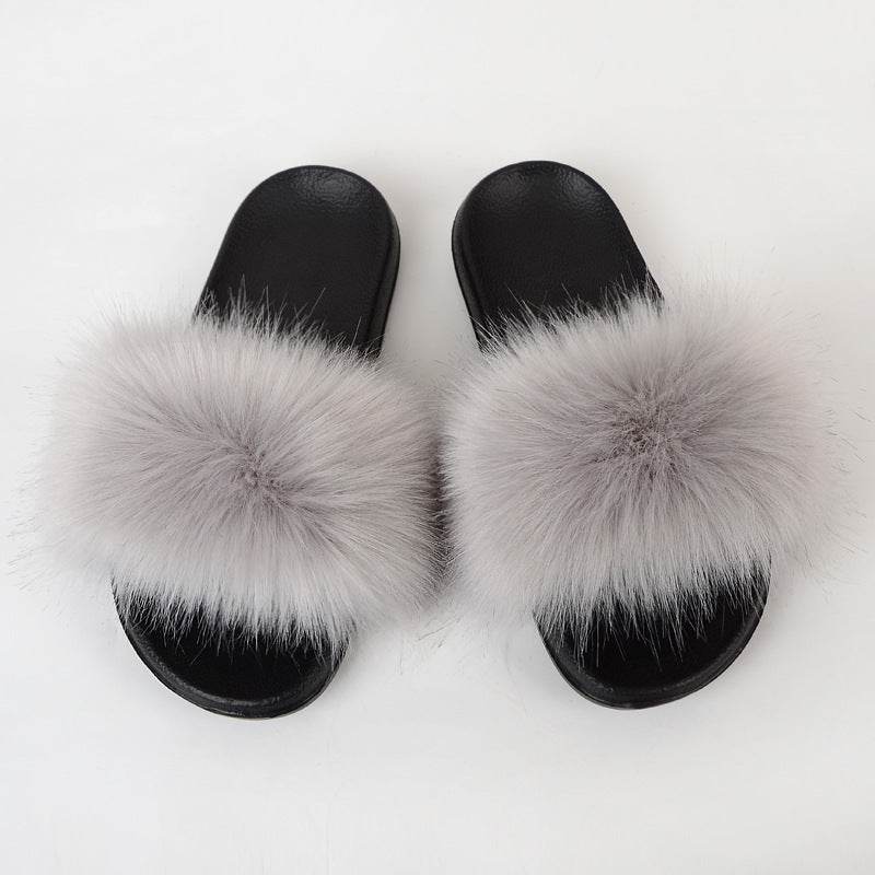 Faux Fox Fur Slippers Women Non Slip Plush Slippers - Mubimart