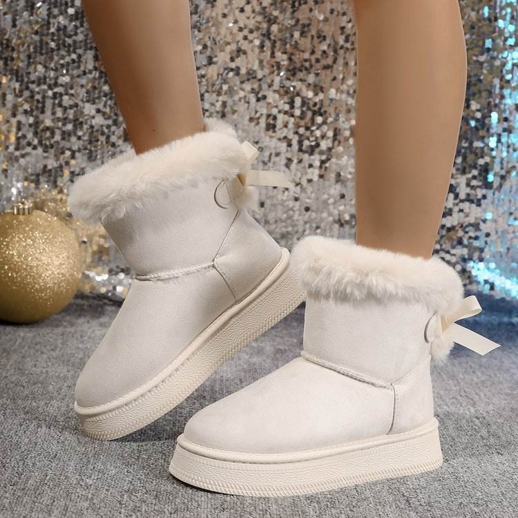 Winter Snow Boots With Bowknot Fashion Round Toe Flat Thickened Suede Cotton Shoes For Women Casual Warm Plush Short Boot - Mubimart