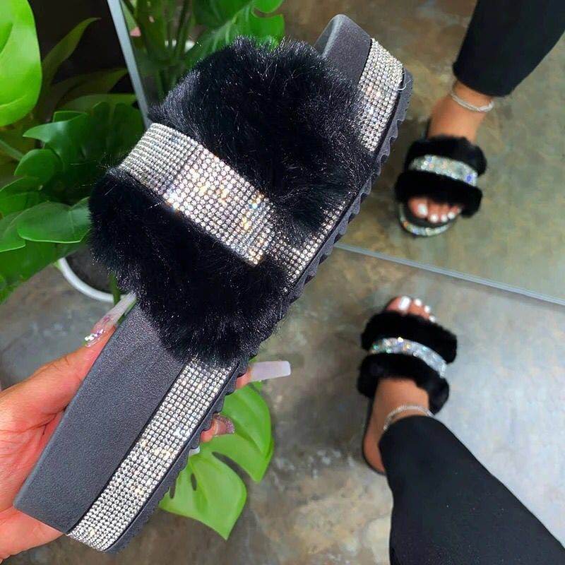 Large size rhinestone plush slipper - Mubimart