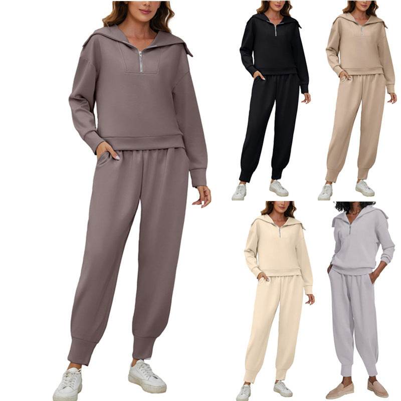 Long Sleeve Lapel Sweatshirt High Waist Workout Pants Two-piece Set - Mubimart