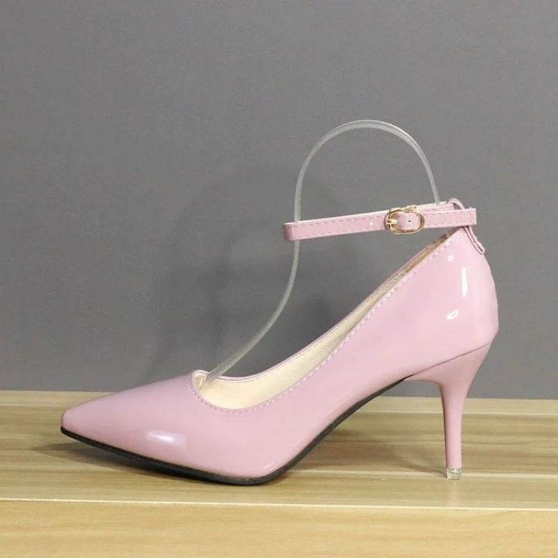 Plus Size One Word Buckle High Heels Female Patent Leather Stilettos - Mubimart