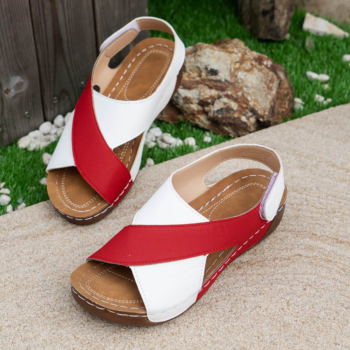 Summer Wedges Sandals With Colorblock Cross-strap Design Casual Thick-soled Roman Shoes For Women - Mubimart
