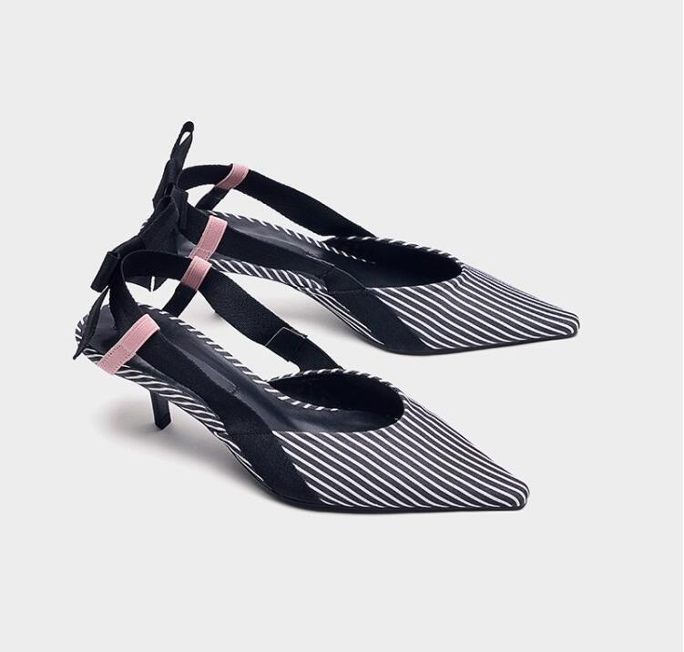 Boussac Stripe Kitten Heel Women Mules Pointed Toe Bowtie Women Sandals High Heels Summer Slip on Shoes Women SWC0112