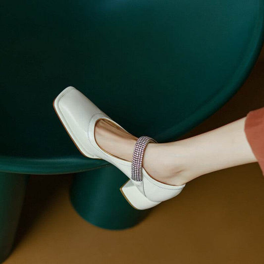 Retro Rhinestone Strap Square Toe Pumps - Mubimart