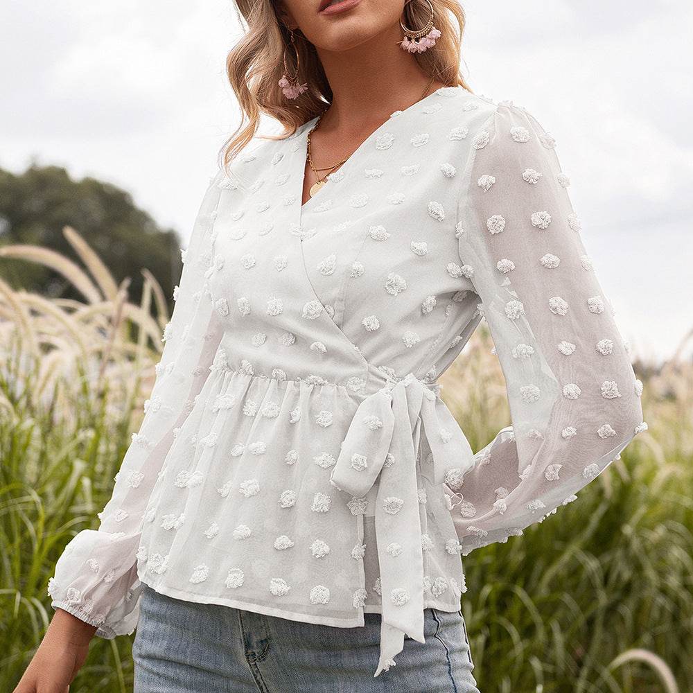 Jacquard Lace V-neck Long-sleeved Blouse Women - Mubimart