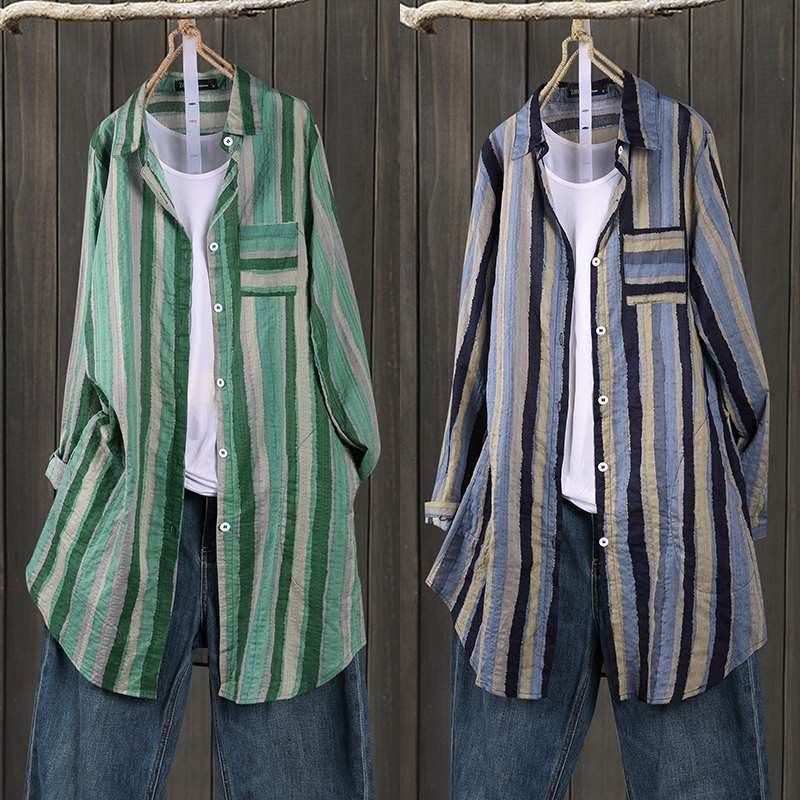 Women Autumn Stripe Lapel Neck Blouses Loose Tops - Mubimart