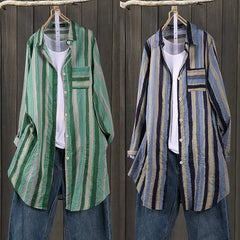 Women Autumn Stripe Lapel Neck Blouses Loose  Tops - Mubimart - Blouses 