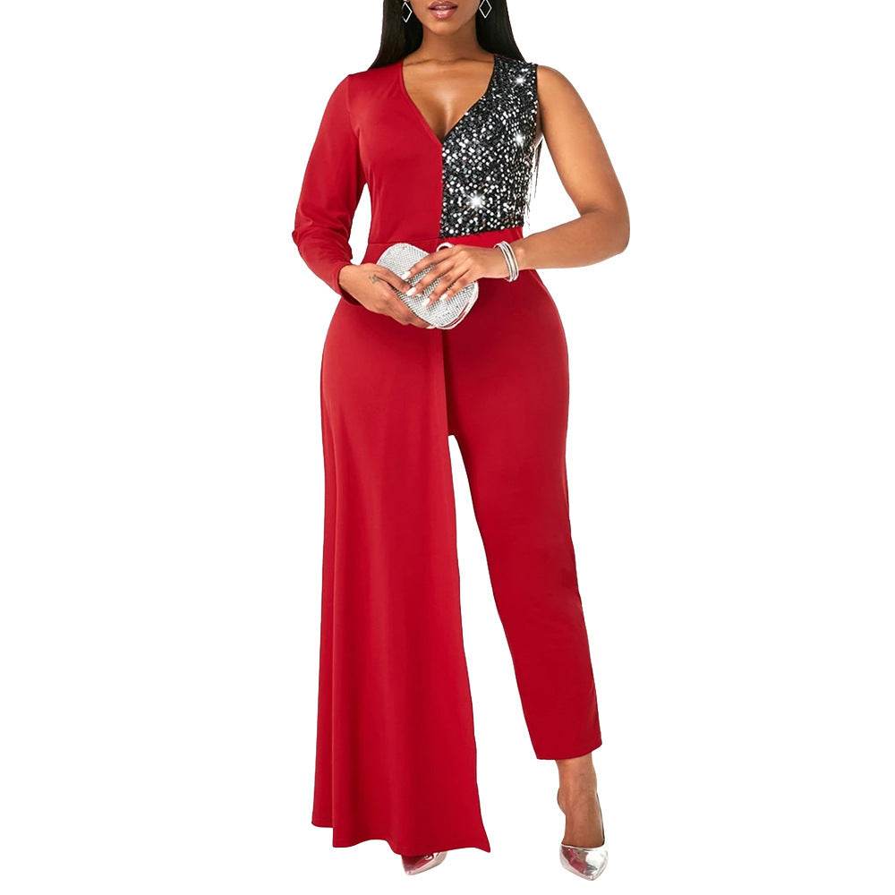 V-neck Sequin Covered Hip Plus Size Jumpsuit - Mubimart